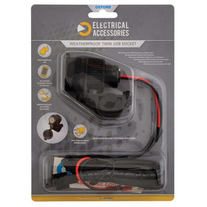 OXFORD Motorcycle Dual USB socket (5V 2Amp) & 10amp fused 1.2mtr loom