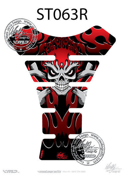 Flaming Skull & Crossbone RED 3D Gel Motorbike MotografixTankpad Protector