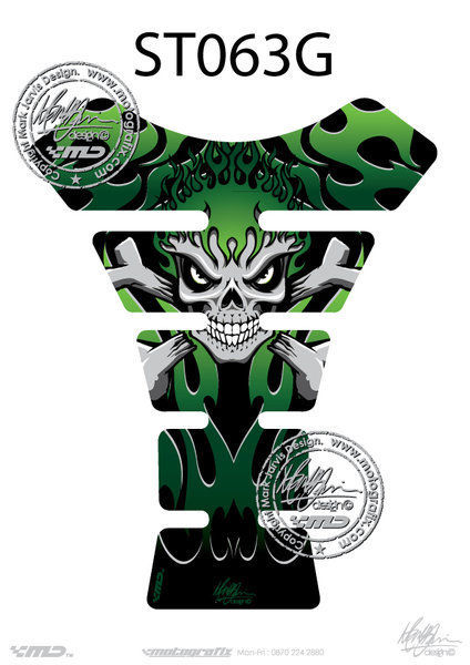 Flaming Skull Kawasaki GREEN 3D Gel Motorbike MotografixTankpad Protector
