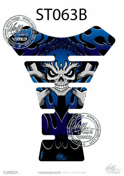 Flaming Skull BLUE 3D Gel Motorbike/Motorcycle MotografixTankpad Protector